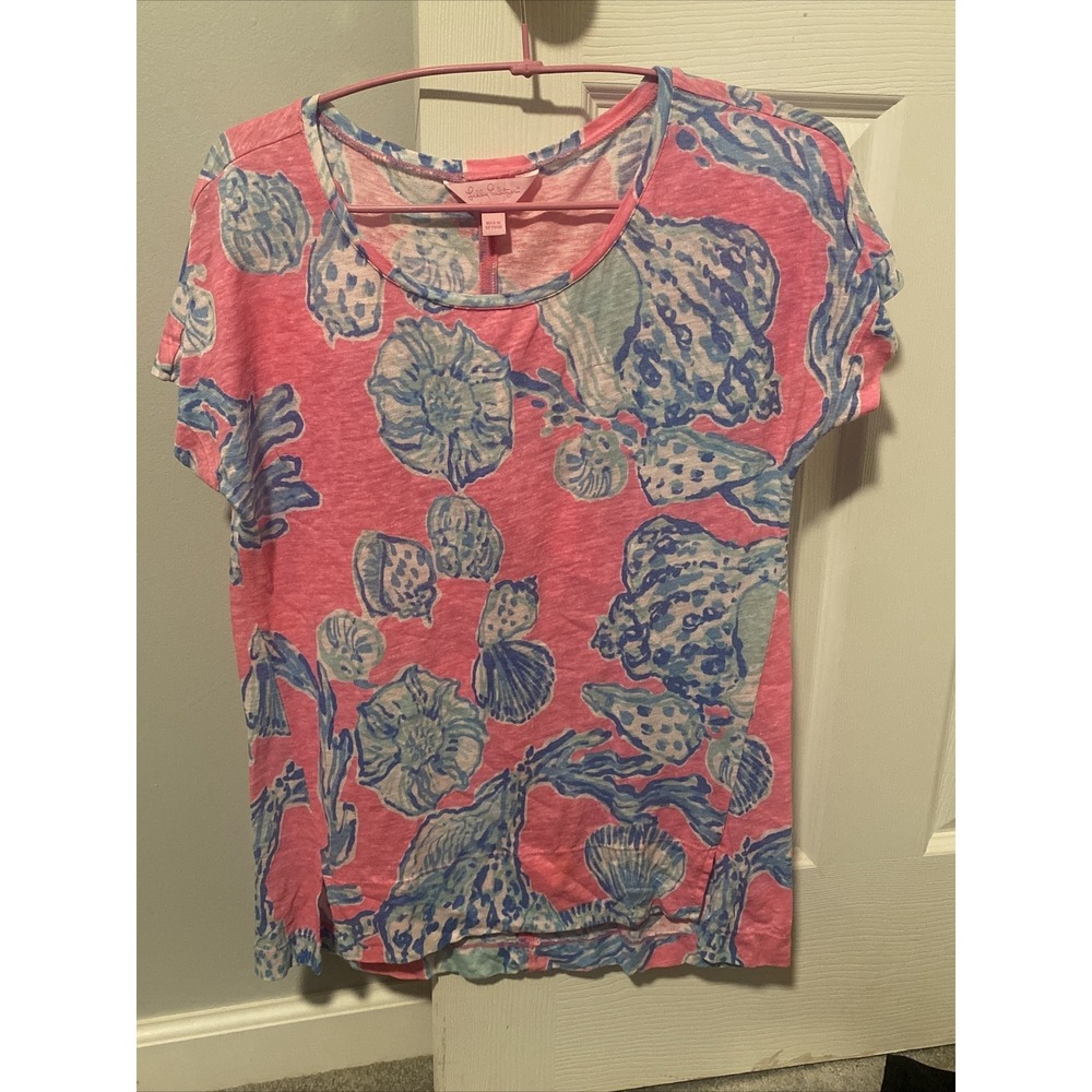 Lilly Pulitzer Mikela Top Pink Pout‎ Barefoot Princess Blue SHELLS Linen XS